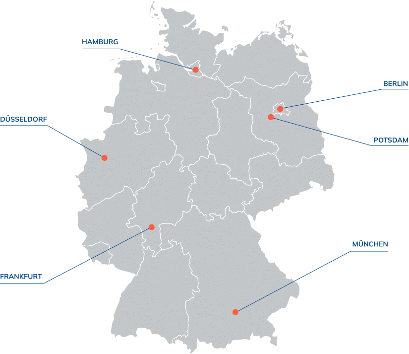 Deutschlandkarte mit den markierten Städten Berlin, Potsdam, München, Frankfurt, Düsseldorf, Hamburg