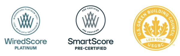 Logos: WiredScore PLATINUM, SmartScore PRE-CERTIFIED, LEED GOLD